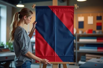 Designer examinant un drapeau personnalisé bleu et rouge imprimé en atelier d'impression