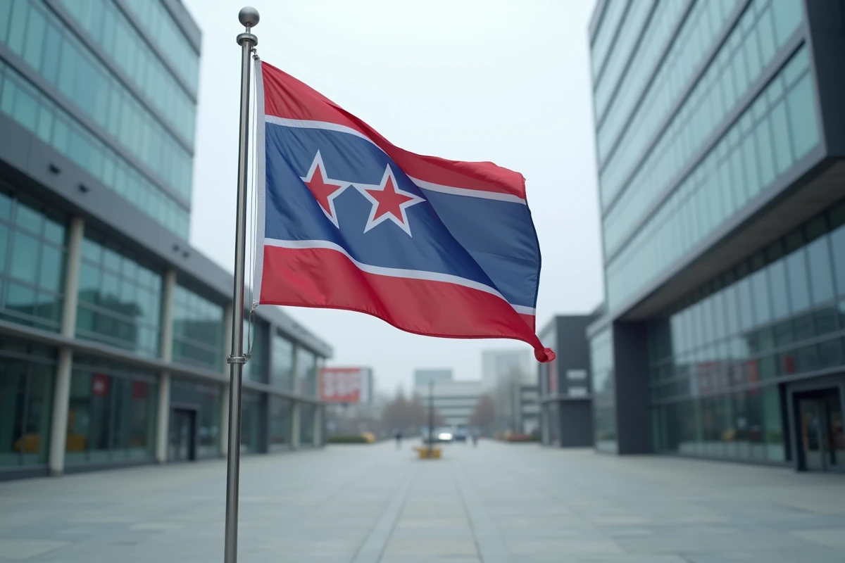 Drapeau personnalisé bleu et rouge sur mât devant un bâtiment commercial moderne