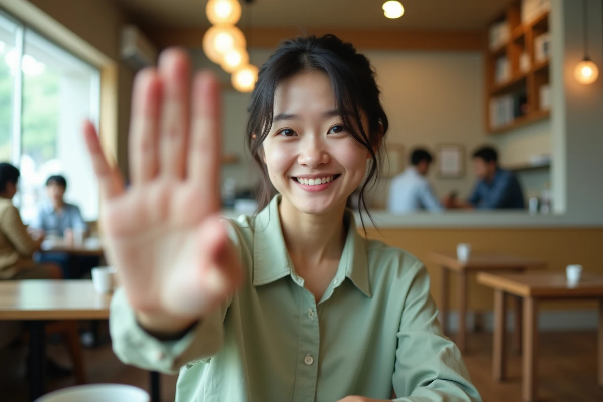 Jeune femme asiatique croisant les doigts dans un café minimaliste au Japon, geste universel d'espoir