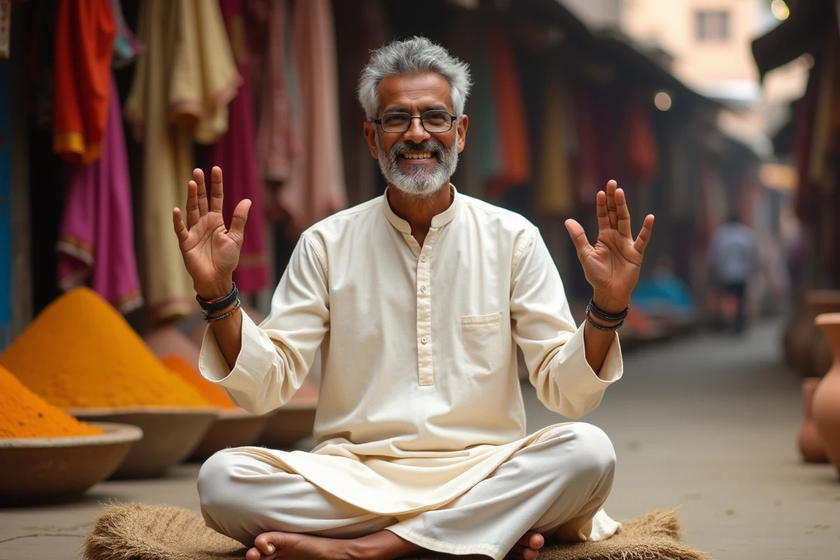 Homme indien croisant les doigts dans un marché coloré en Inde, symbolisme culturel du geste de chance