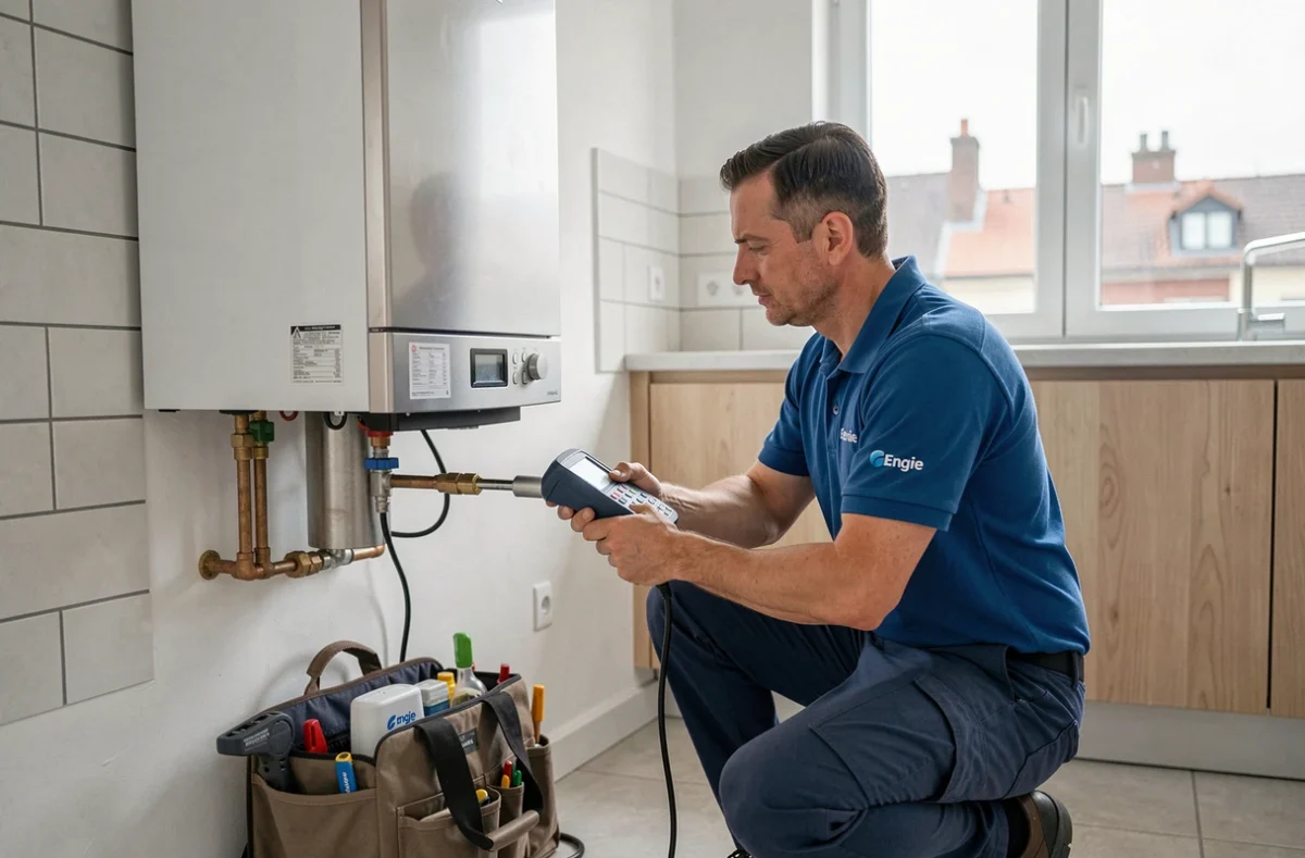 Technicien Engie Home Services réalisant l'entretien annuel d'une chaudière à gaz dans une cuisine résidentielle