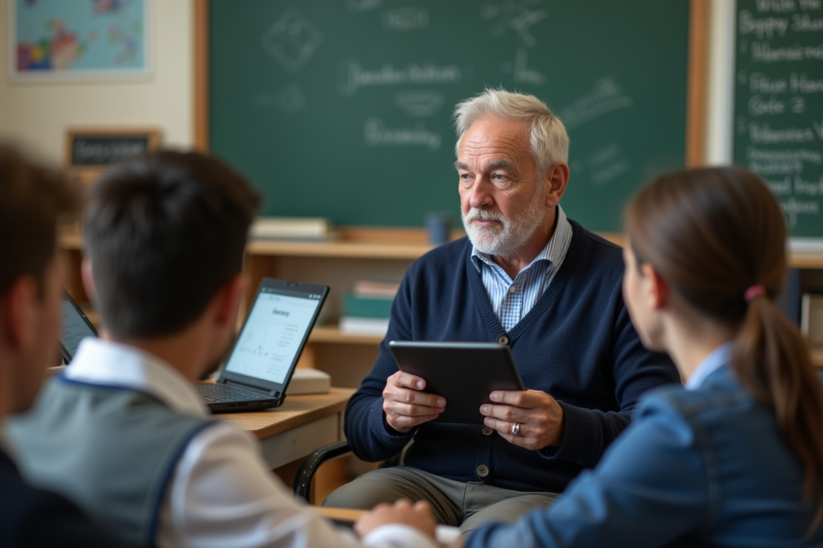 Professeur âgé expliquant avec une liseuse devant des élèves attentifs