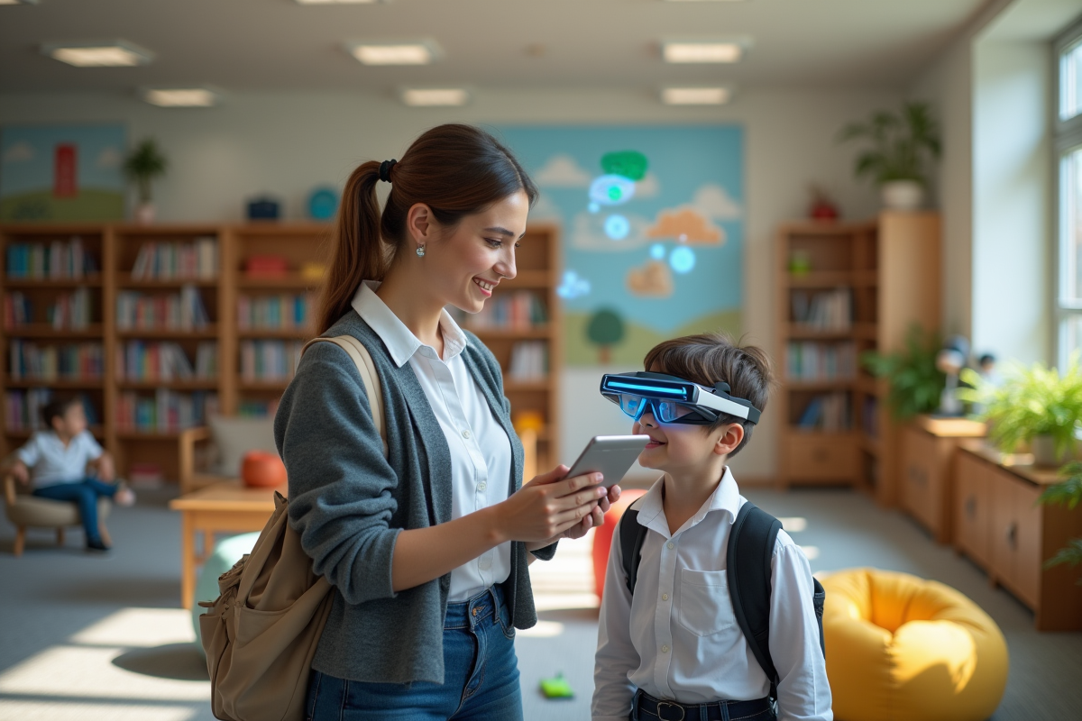 Enseignante guidant un élève avec lunettes AR dans la bibliothèque