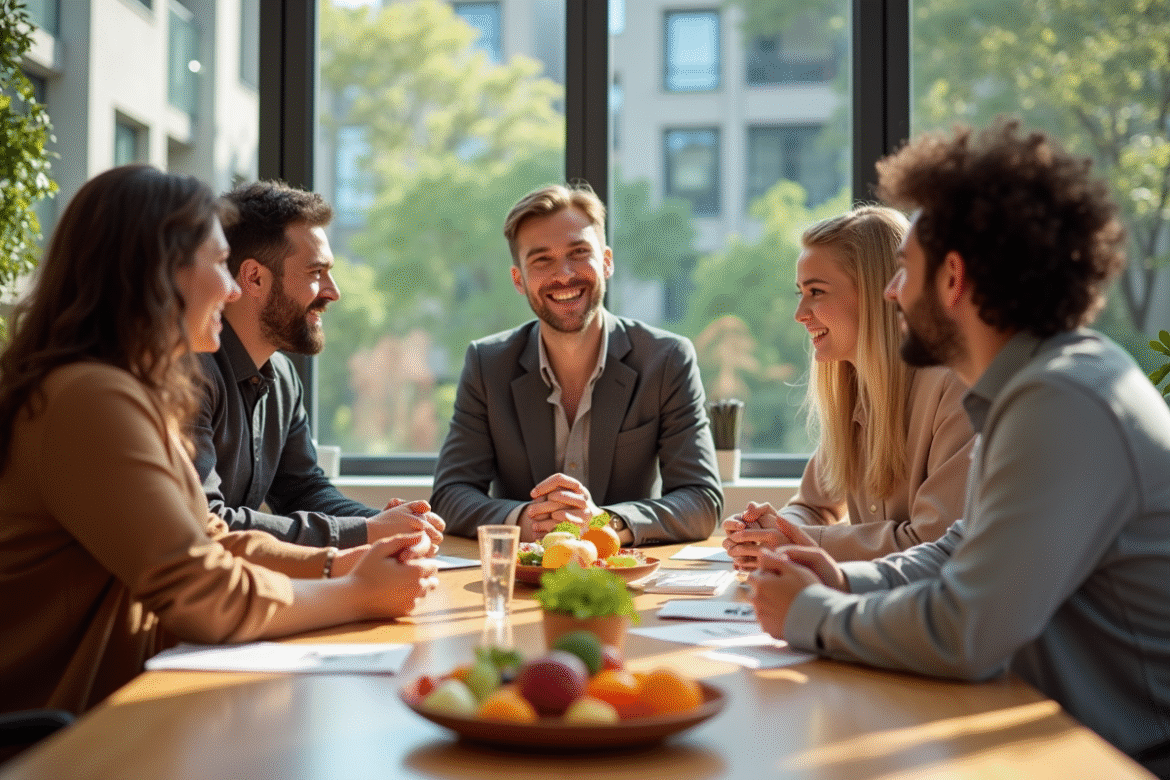 Groupe d'équipe de bureau souriante autour d'une table moderne