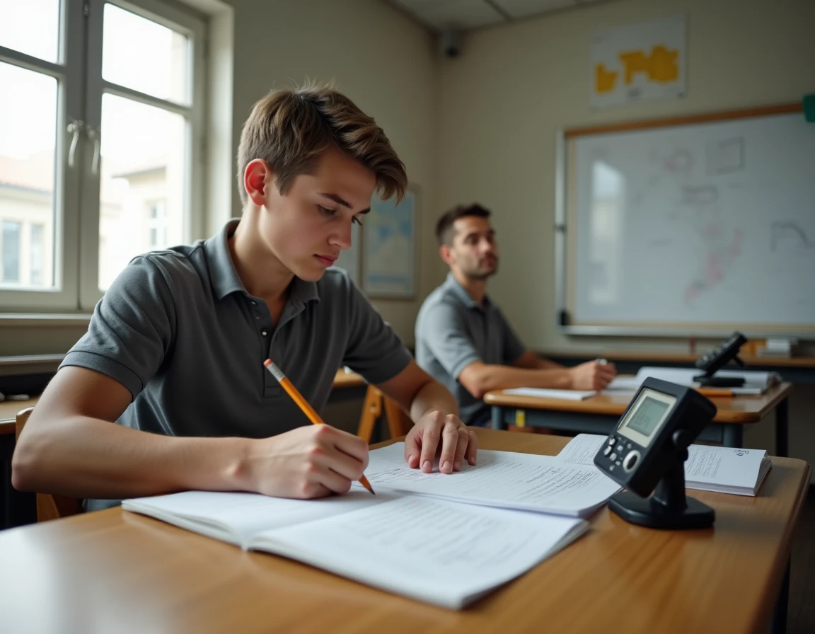 Étudiant en aviation utilisant un calculateur de vol E6B pour convertir des miles nautiques en kilomètres dans une salle de classe d'école de pilotage