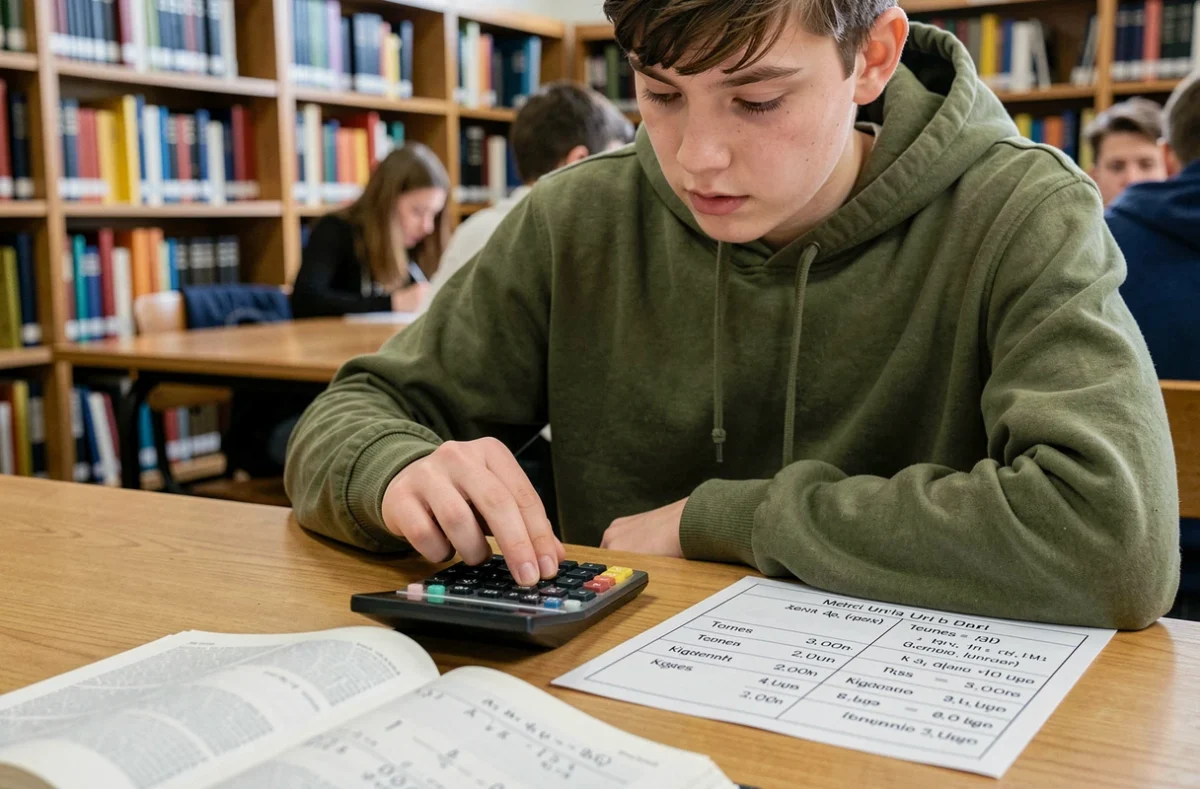 Étudiant utilisant une calculatrice scientifique avec une fiche de conversion tonnes-kilogrammes dans une bibliothèque scolaire