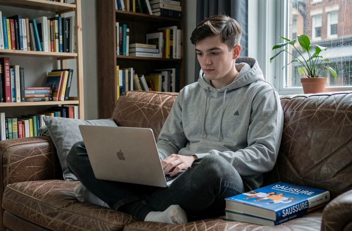 Étudiant en lettres révisant la notion paradigmatique dans un appartement étudiant avec un manuel de linguistique de Saussure