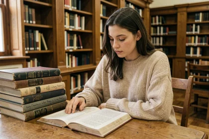 Étudiante en lettres consultant des ouvrages de théorie littéraire dans une bibliothèque universitaire classique pour comprendre les concepts paradigmatiques