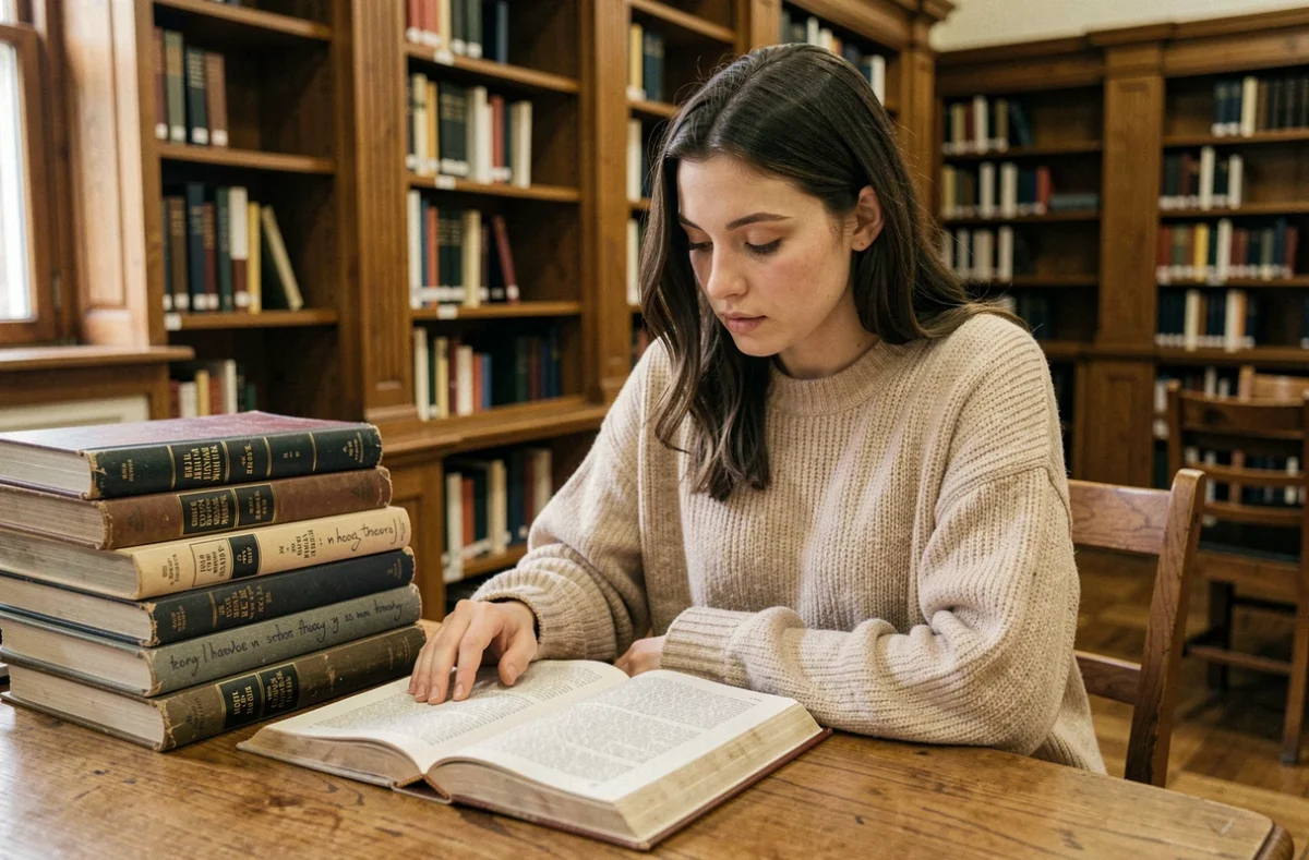 Étudiante en lettres consultant des ouvrages de théorie littéraire dans une bibliothèque universitaire classique pour comprendre les concepts paradigmatiques