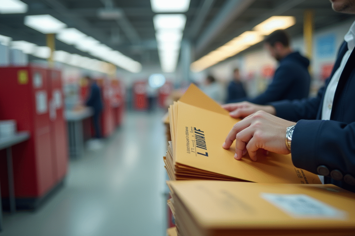 Facteur triant le courrier dans un bureau de Lille