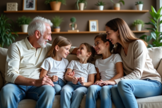 Famille multiculturelle réunie dans un salon chaleureux