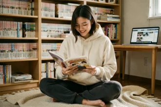 Jeune femme francophone lisant un manga dans sa chambre, entourée de volumes et d'un site de lecture en ligne