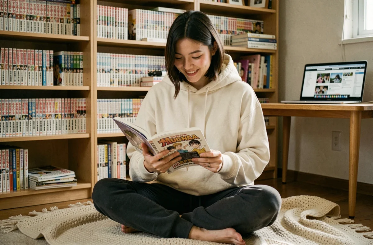 Jeune femme francophone lisant un manga dans sa chambre, entourée de volumes et d'un site de lecture en ligne