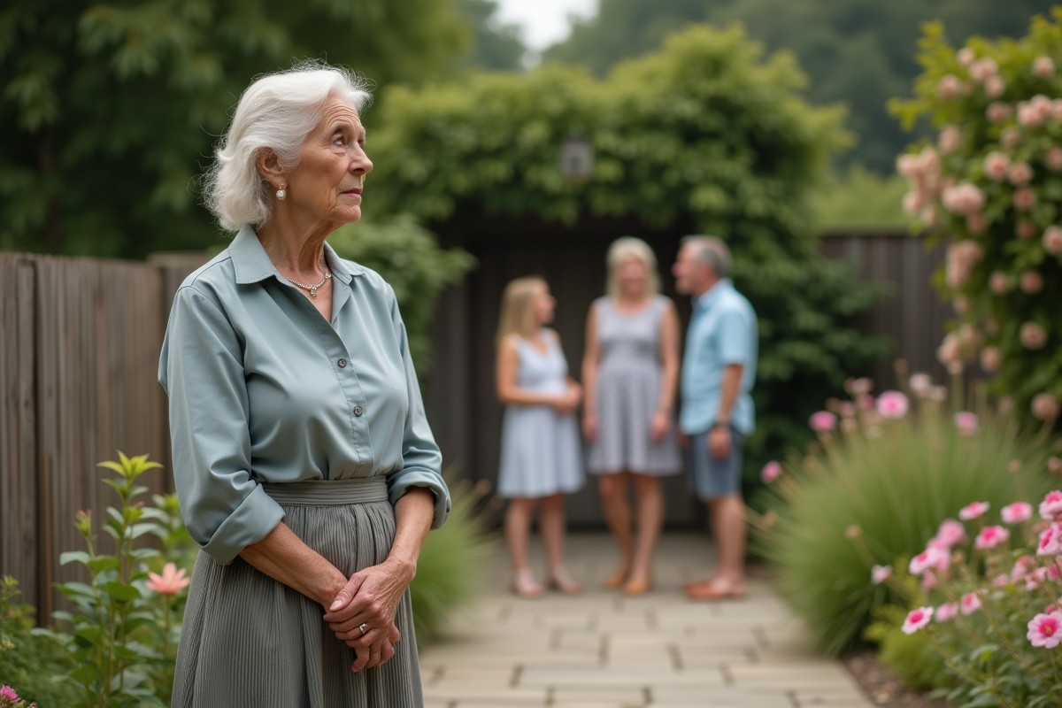 Femme âgée observant la famille dans un jardin fleuri