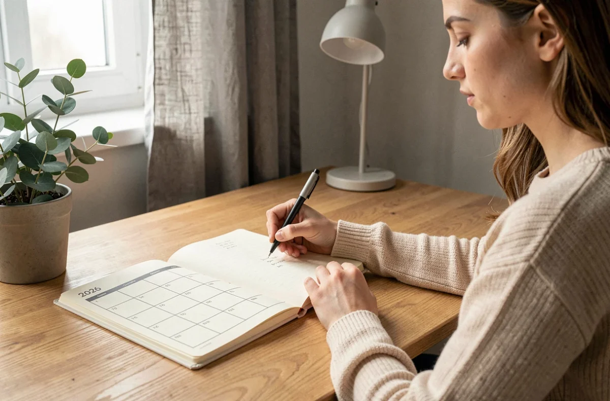 Femme consultant un agenda trimestriel 2026 minimaliste sur un bureau en chêne dans un bureau à domicile scandinave