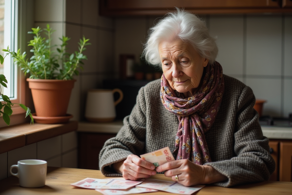 Femme âgée comptant des billets dans la cuisine chaleureuse