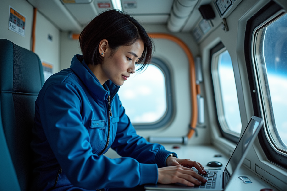 Femme astronaute flottant et tapant sur un ordinateur dans l ISS