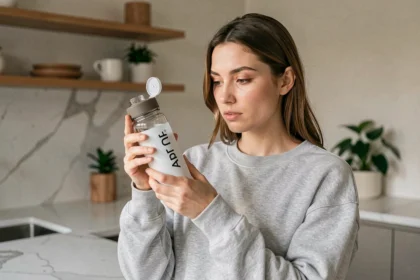 Jeune femme tenant une bouteille Air Up dans une cuisine moderne, comparant les offres et codes promo disponibles