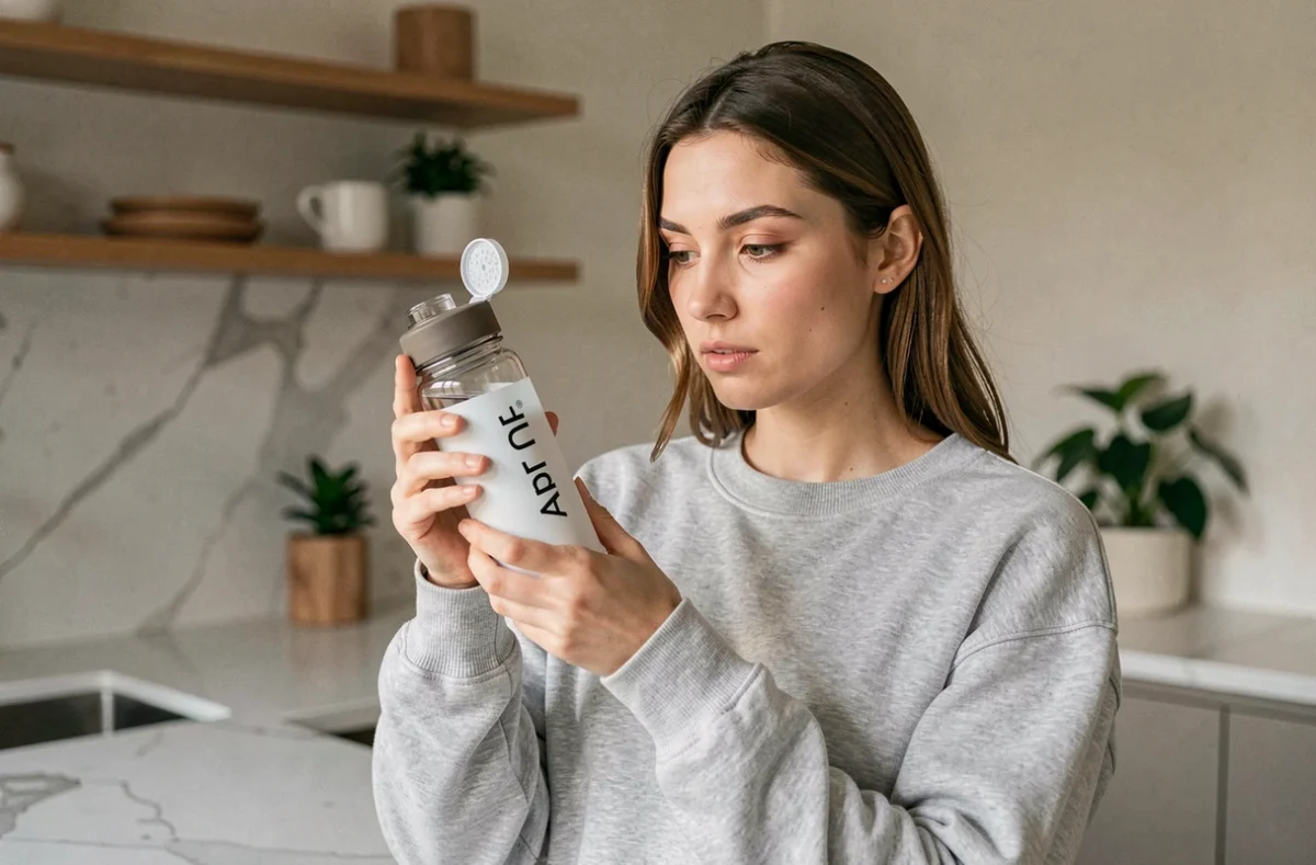 Jeune femme tenant une bouteille Air Up dans une cuisine moderne, comparant les offres et codes promo disponibles