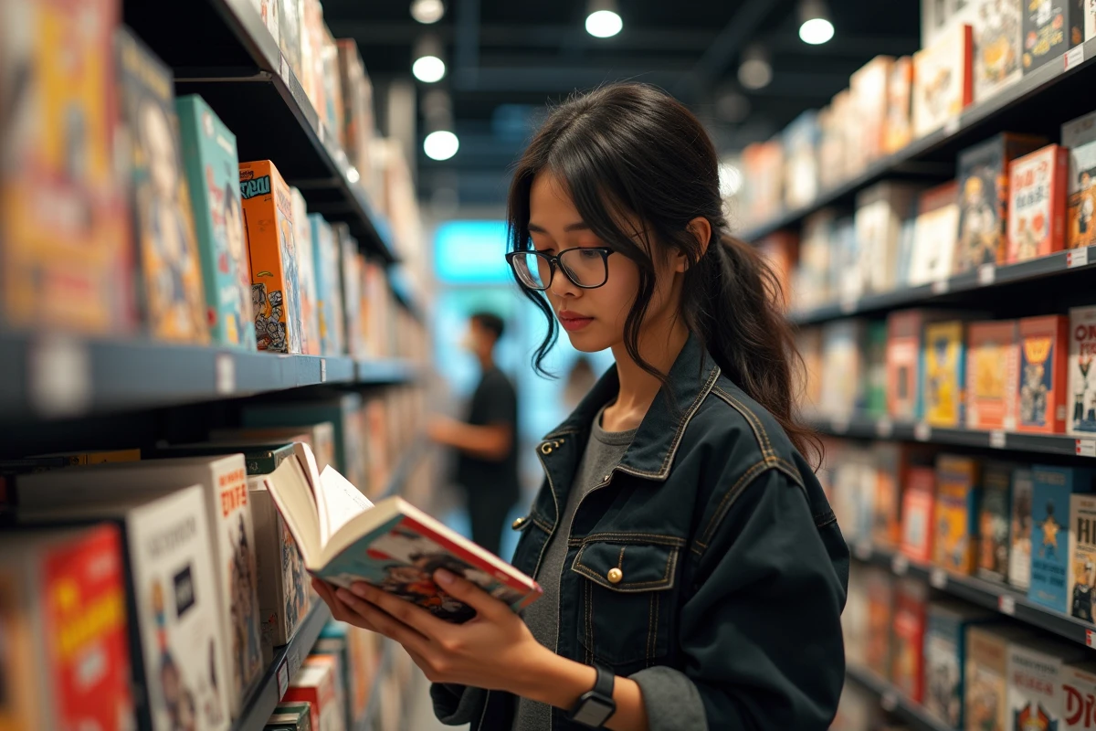 Femme lisant des mangas dans une librairie moderne