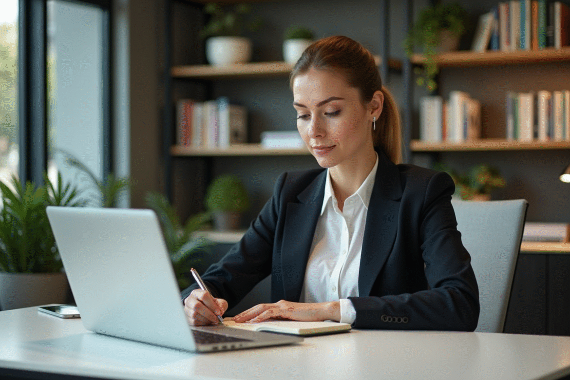 Femme en tenue professionnelle dans un espace coworking