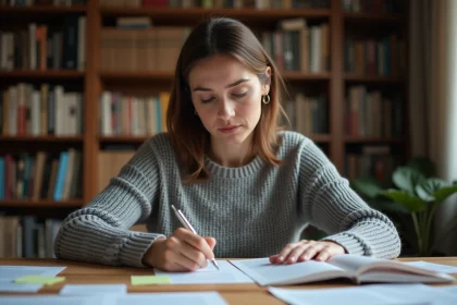 Femme comparant deux textes imprimés sur un bureau en bois pour évaluer la fiabilité d'un reformulateur de texte