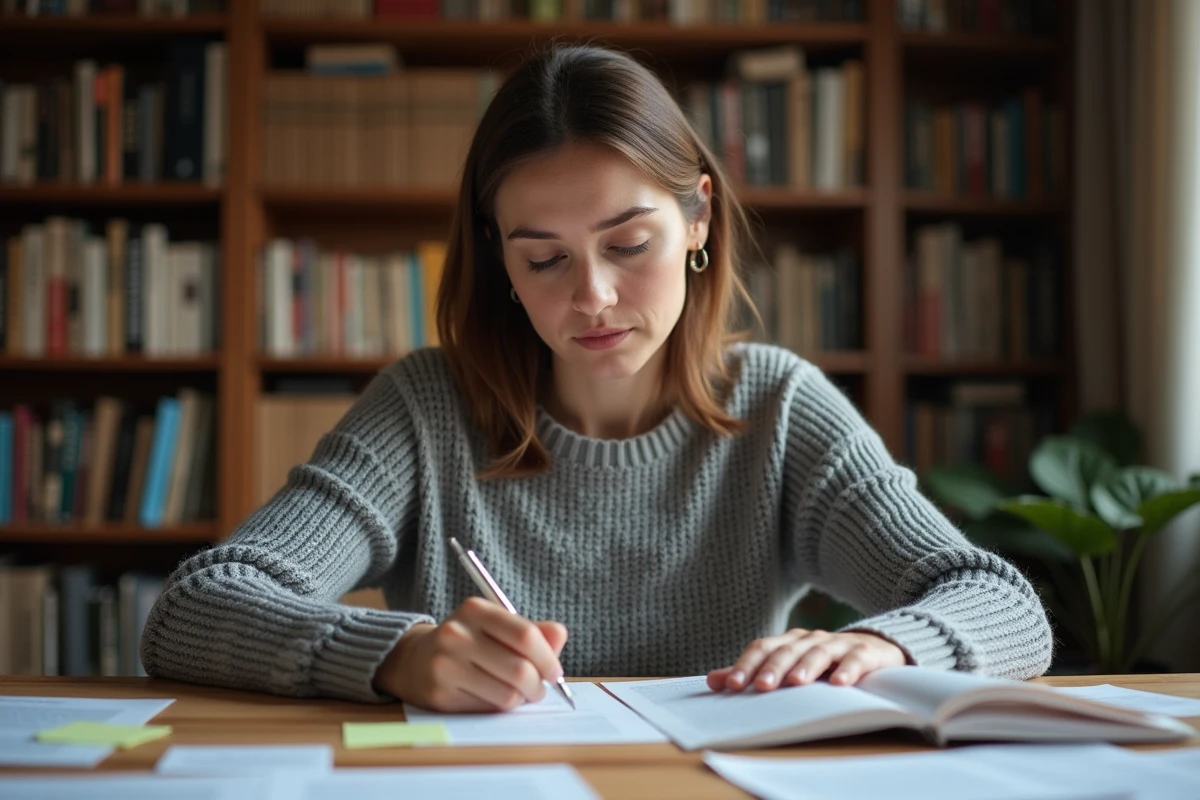 Femme comparant deux textes imprimés sur un bureau en bois pour évaluer la fiabilité d'un reformulateur de texte
