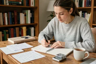 Femme écrivant des conversions de tonnes en kilogrammes dans un carnet sur un bureau en bois, entourée de notes manuscrites