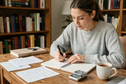 Femme écrivant des conversions de tonnes en kilogrammes dans un carnet sur un bureau en bois, entourée de notes manuscrites
