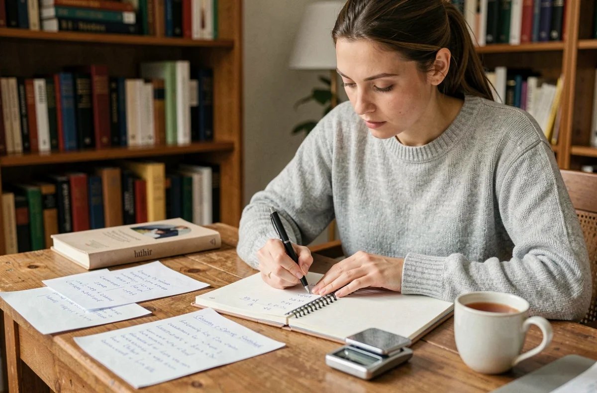 Femme écrivant des conversions de tonnes en kilogrammes dans un carnet sur un bureau en bois, entourée de notes manuscrites