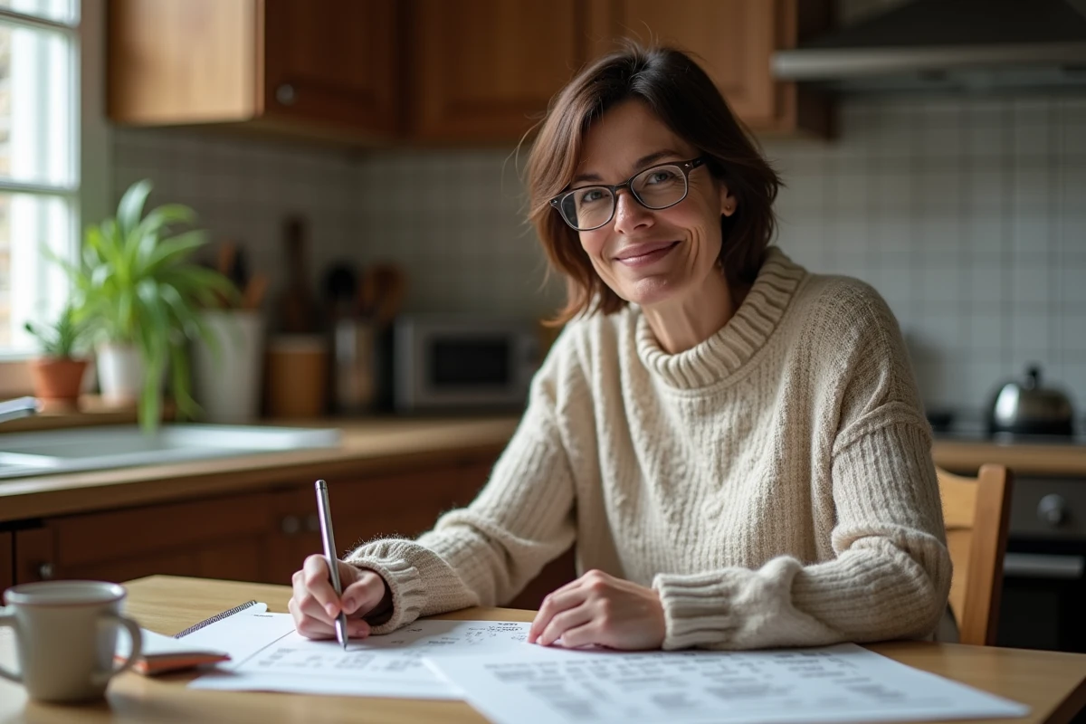 Femme méditative lisant un livre de mots croisés dans la cuisine