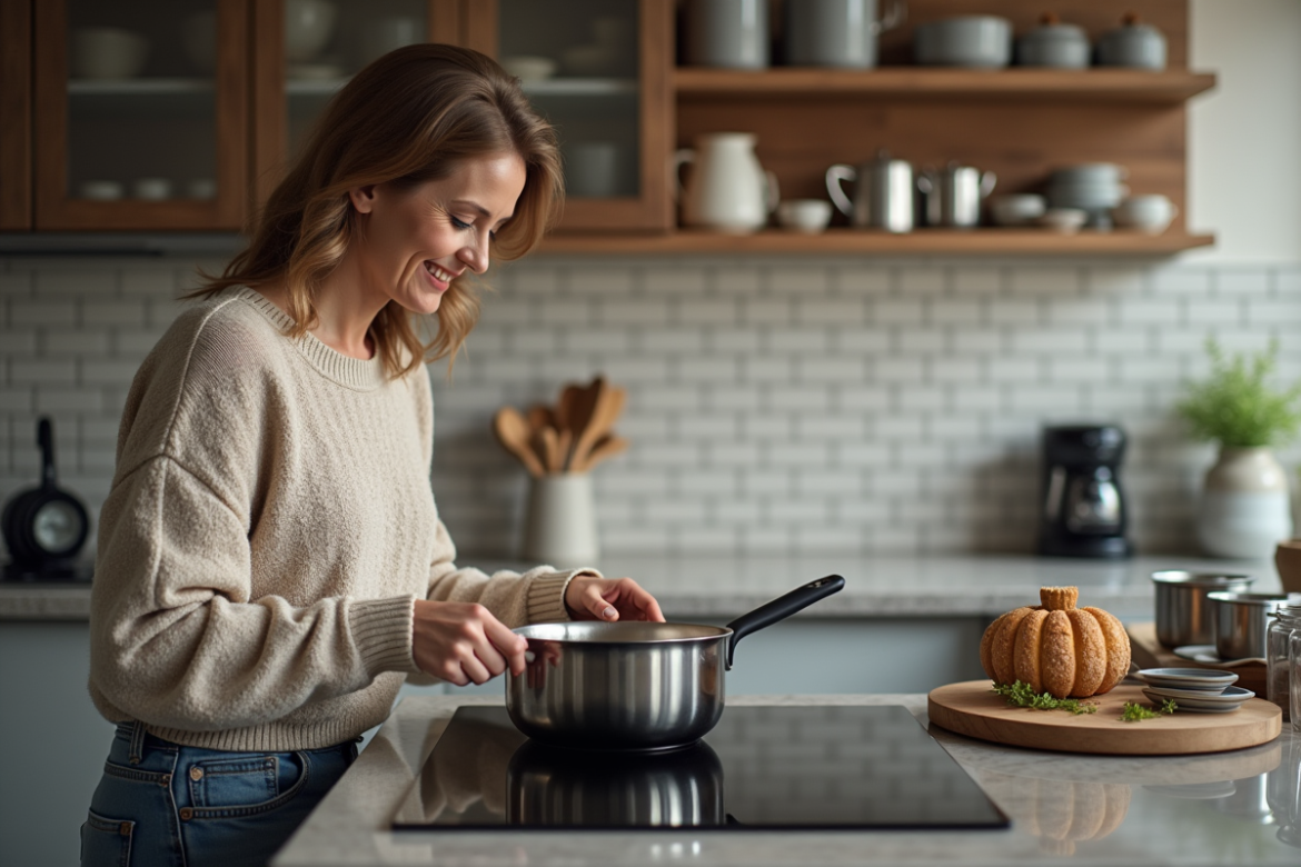 Femme examinant une casserole dans une cuisine moderne