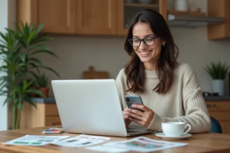 Femme souriante utilisant un ordinateur dans la cuisine avec coupons