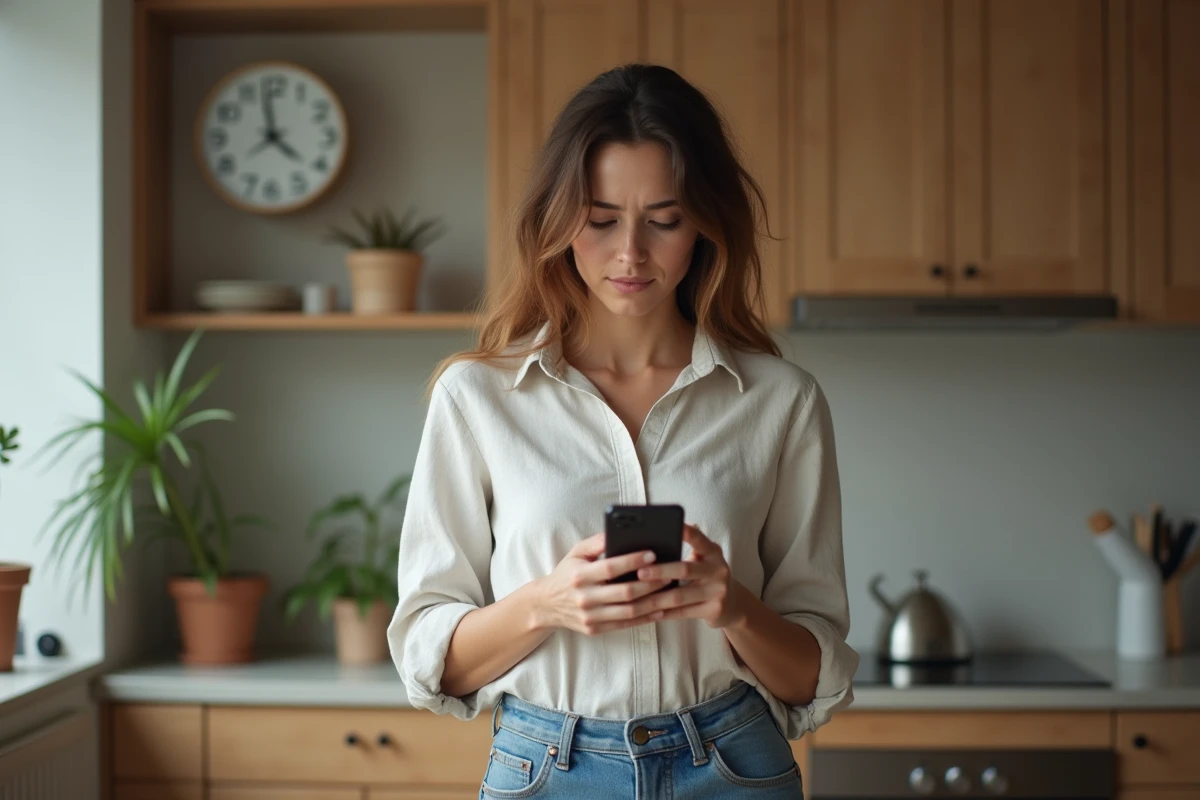 Jeune femme dans une cuisine moderne regardant son téléphone