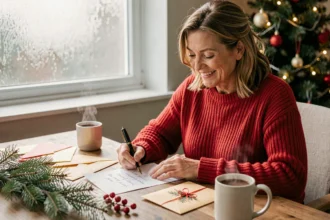 Femme souriante écrivant des cartes de vœux de Noël humoristiques à son bureau décoré de sapins et de baies rouges