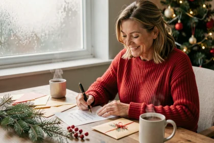 Femme souriante écrivant des cartes de vœux de Noël humoristiques à son bureau décoré de sapins et de baies rouges