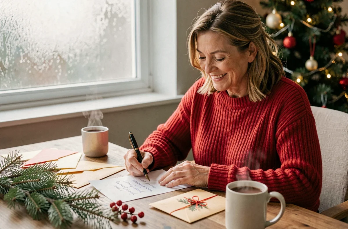 Femme souriante écrivant des cartes de vœux de Noël humoristiques à son bureau décoré de sapins et de baies rouges