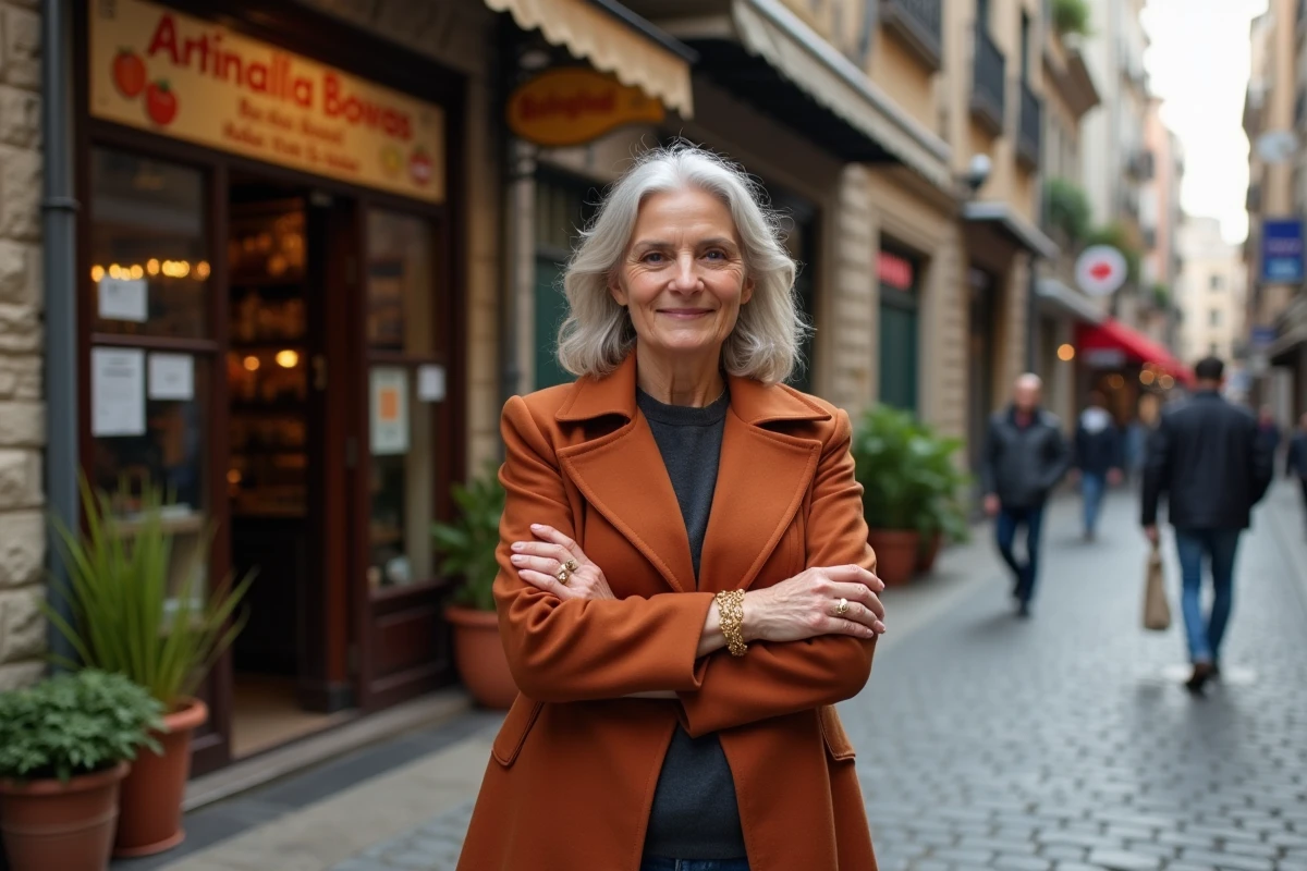 Femme entrepreneur turque devant sa boutique artisanale dans le quartier historique de Karaköy à Istanbul