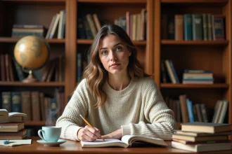 Femme écrivant dans un carnet dans une bibliothèque avec des livres de grammaire, illustrant la réflexion sur les règles grammaticales françaises