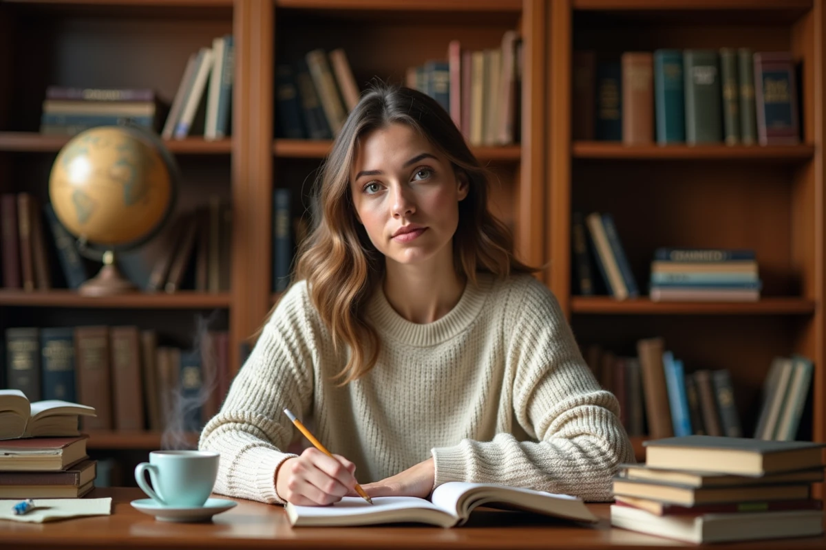 Femme écrivant dans un carnet dans une bibliothèque avec des livres de grammaire, illustrant la réflexion sur les règles grammaticales françaises