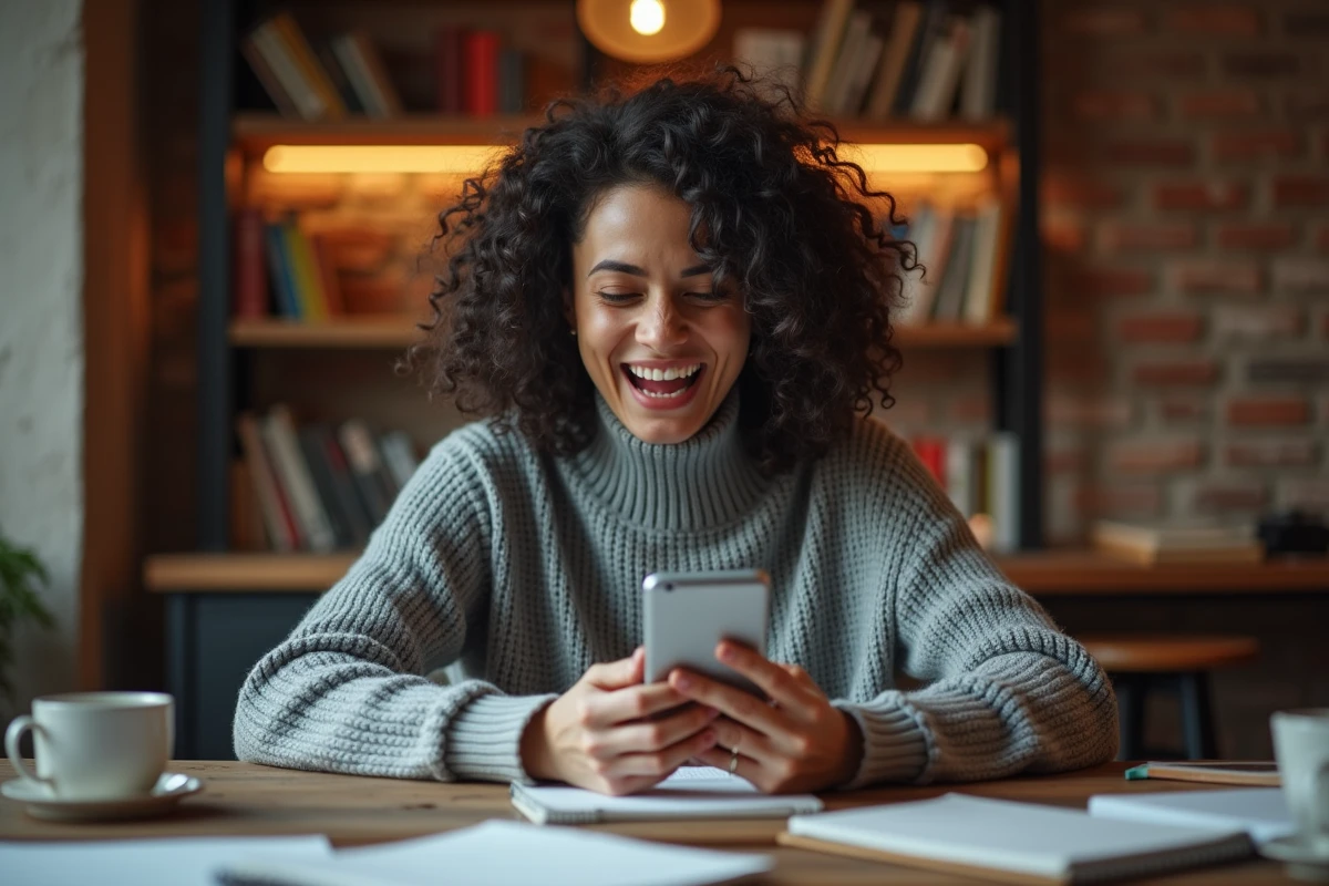 Femme riant seule devant son smartphone en consultant des blagues d'humour noir sur internet
