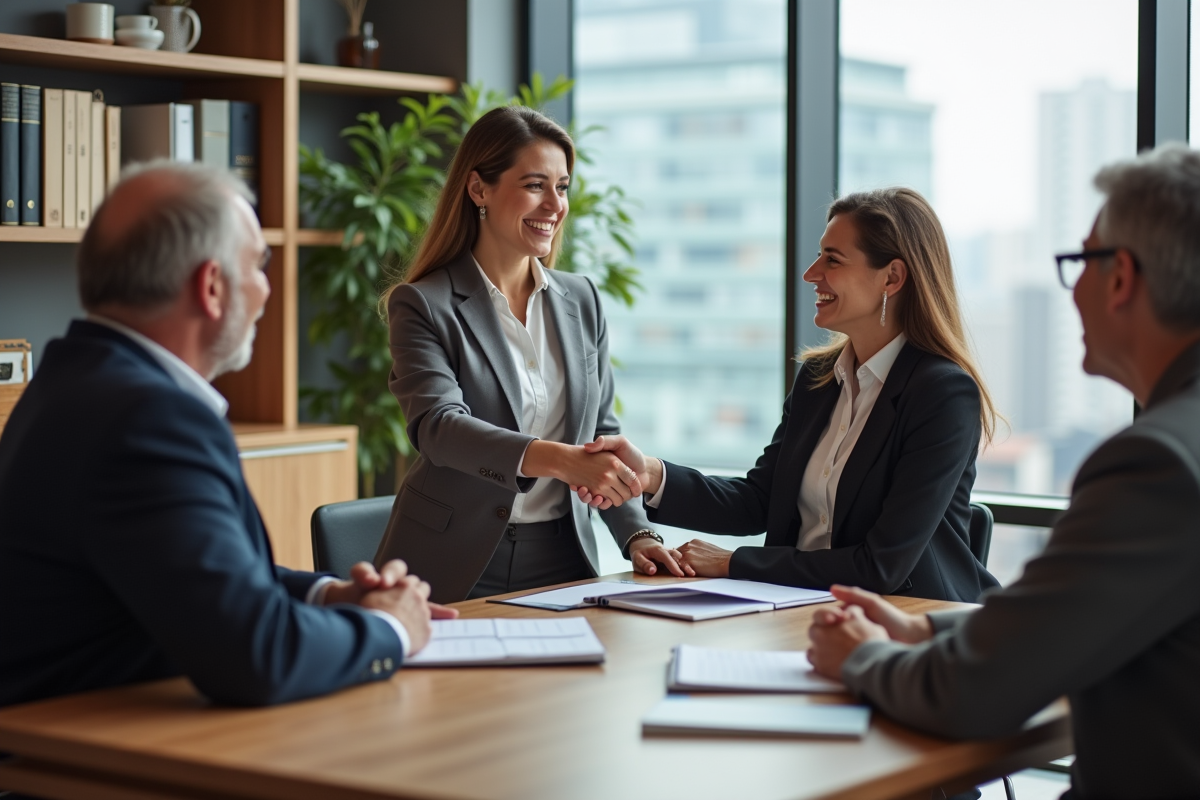 Femme professionnelle serre la main d'un couple dans un bureau immobilier