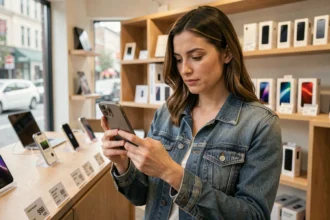 Femme examinant un iPhone 15 reconditionné dans une boutique de téléphones reconditionnés avec des étiquettes de prix visibles