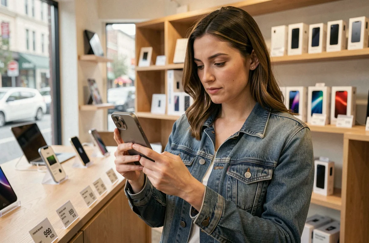 Femme examinant un iPhone 15 reconditionné dans une boutique de téléphones reconditionnés avec des étiquettes de prix visibles