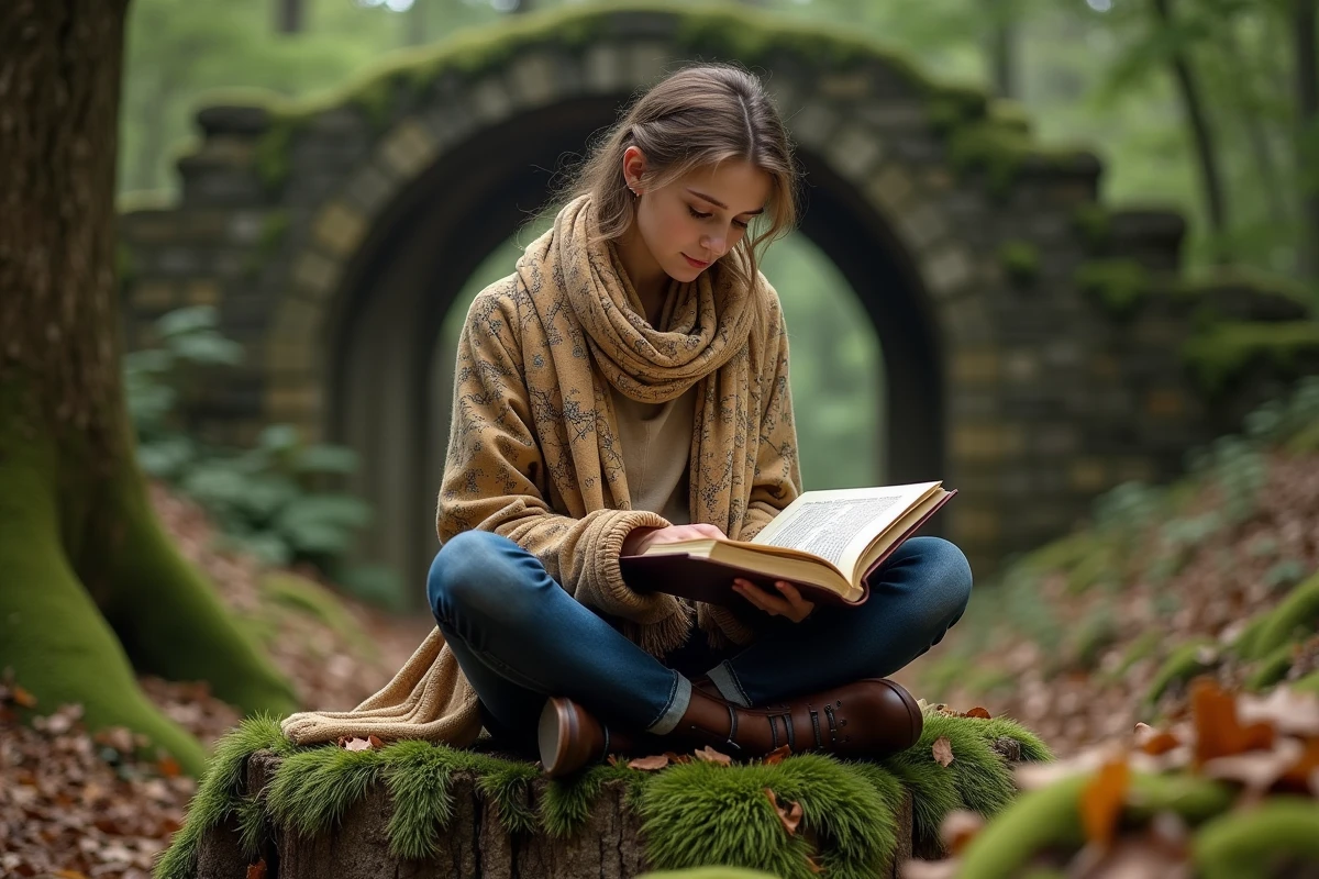 Jeune femme lisant un roman Tolkien dans une forêt verdoyante