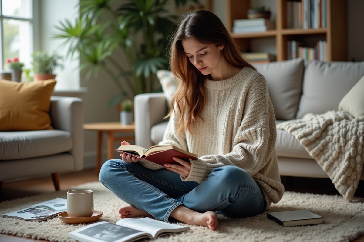 Jeune femme lisant un livre dans un salon cosy
