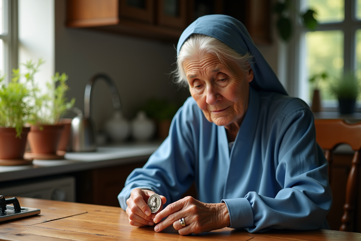 Femme âgée touchant un médaillon de saint dans la cuisine