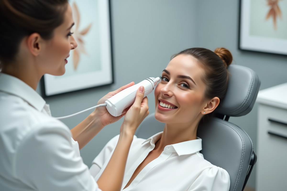 Femme lors d'un traitement microneedling en clinique moderne