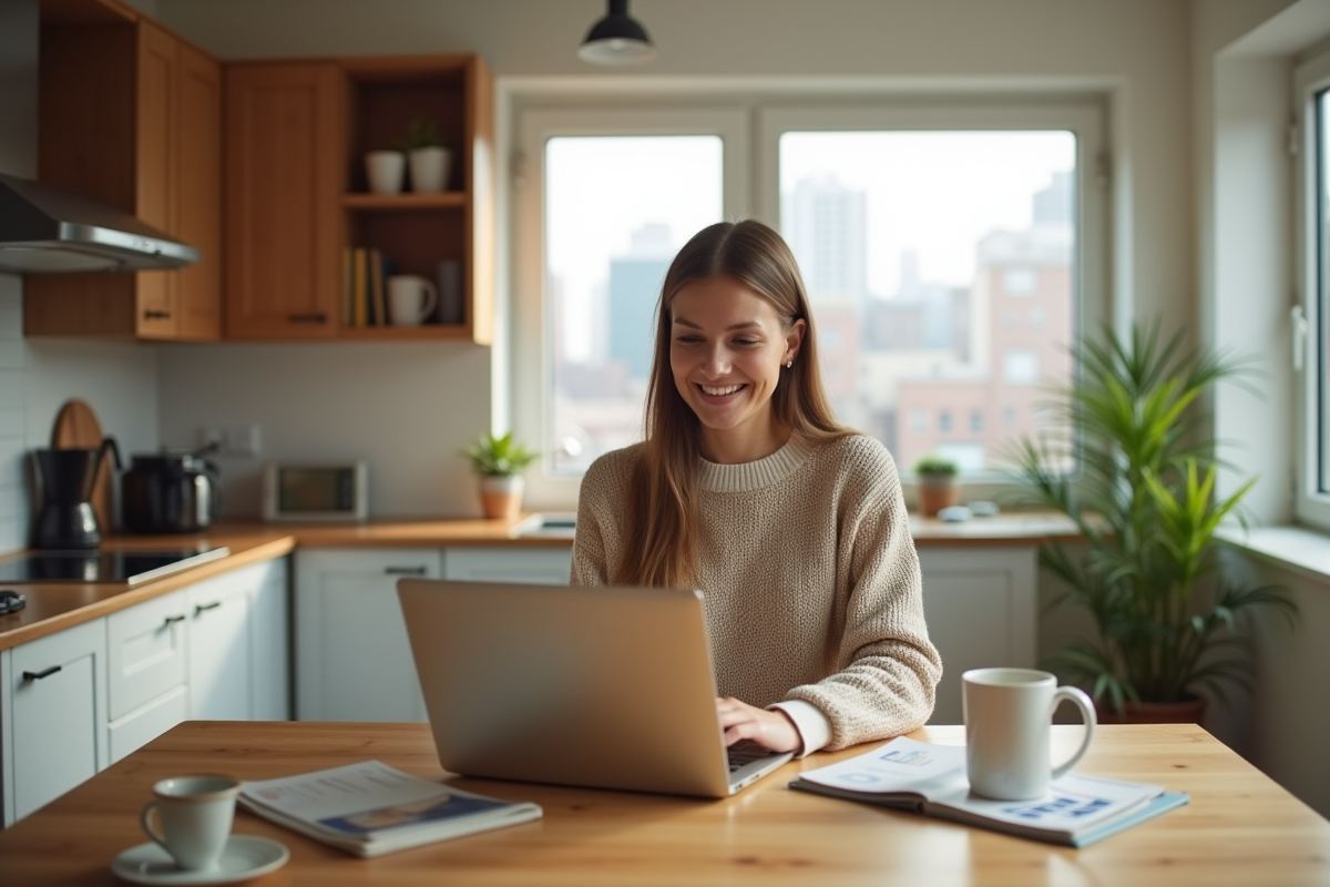Jeune femme souriante vérifiant ses investissements à la maison