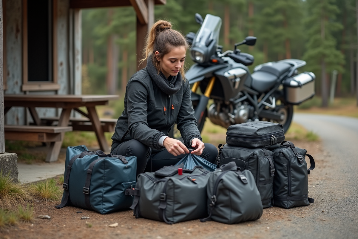 Femme réorganisant ses bagages à côté de sa moto en nature